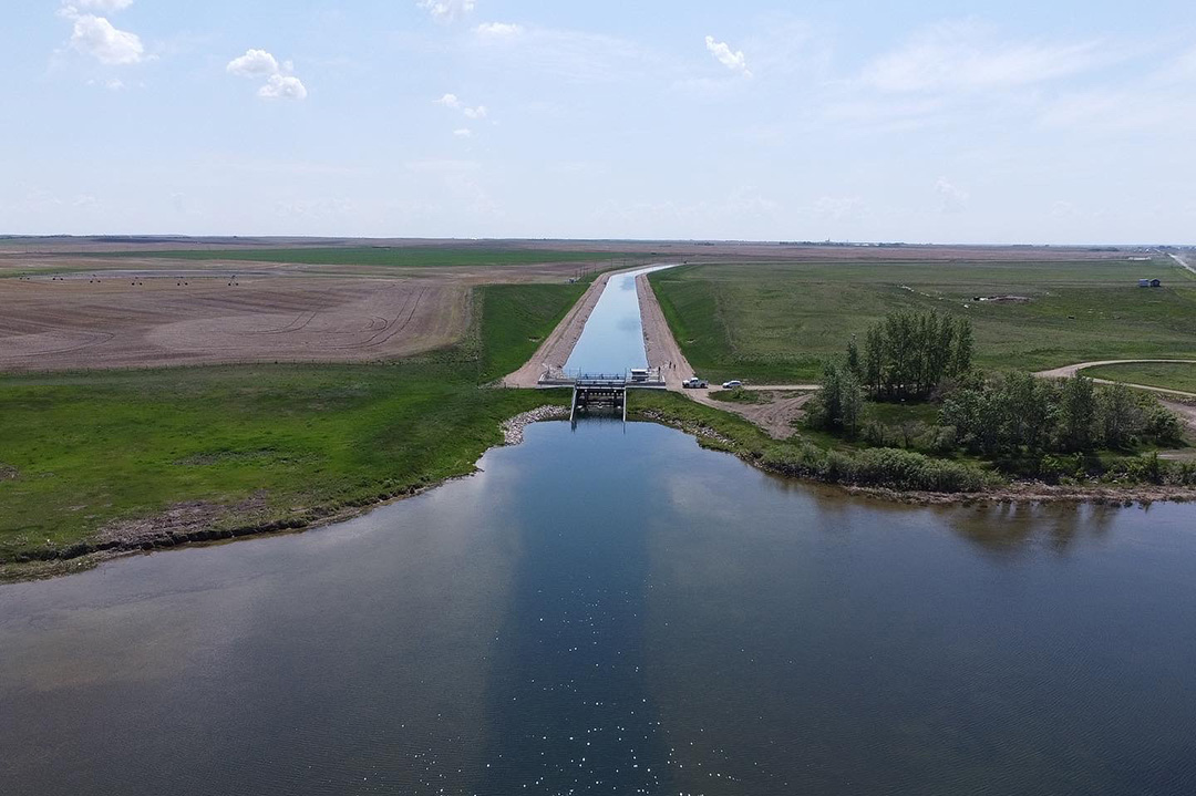 A canal connecting to the Broderick Reservoir.