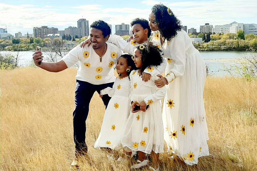 USask PhD graduate Zelalem Taye with his family; wife Kalkidan, son Amen, and daughters Haleluya and Barkot. (Photo: Submitted)