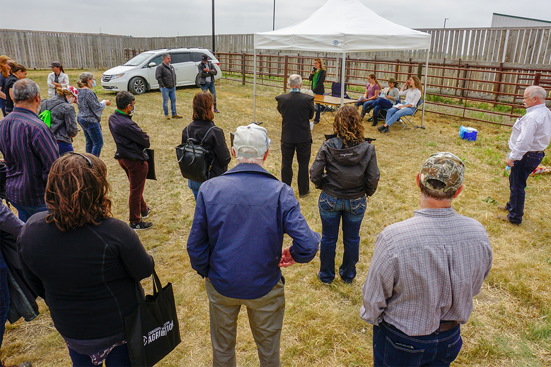 A stop on the Pens, Plots and Paddocks Tour: Ministry of Agriculture livestock and feed extension specialist, Catherine Lang, reminded producers to test their water because it has a significant impact on the health of their animals. (Photo: Gord Waldner)