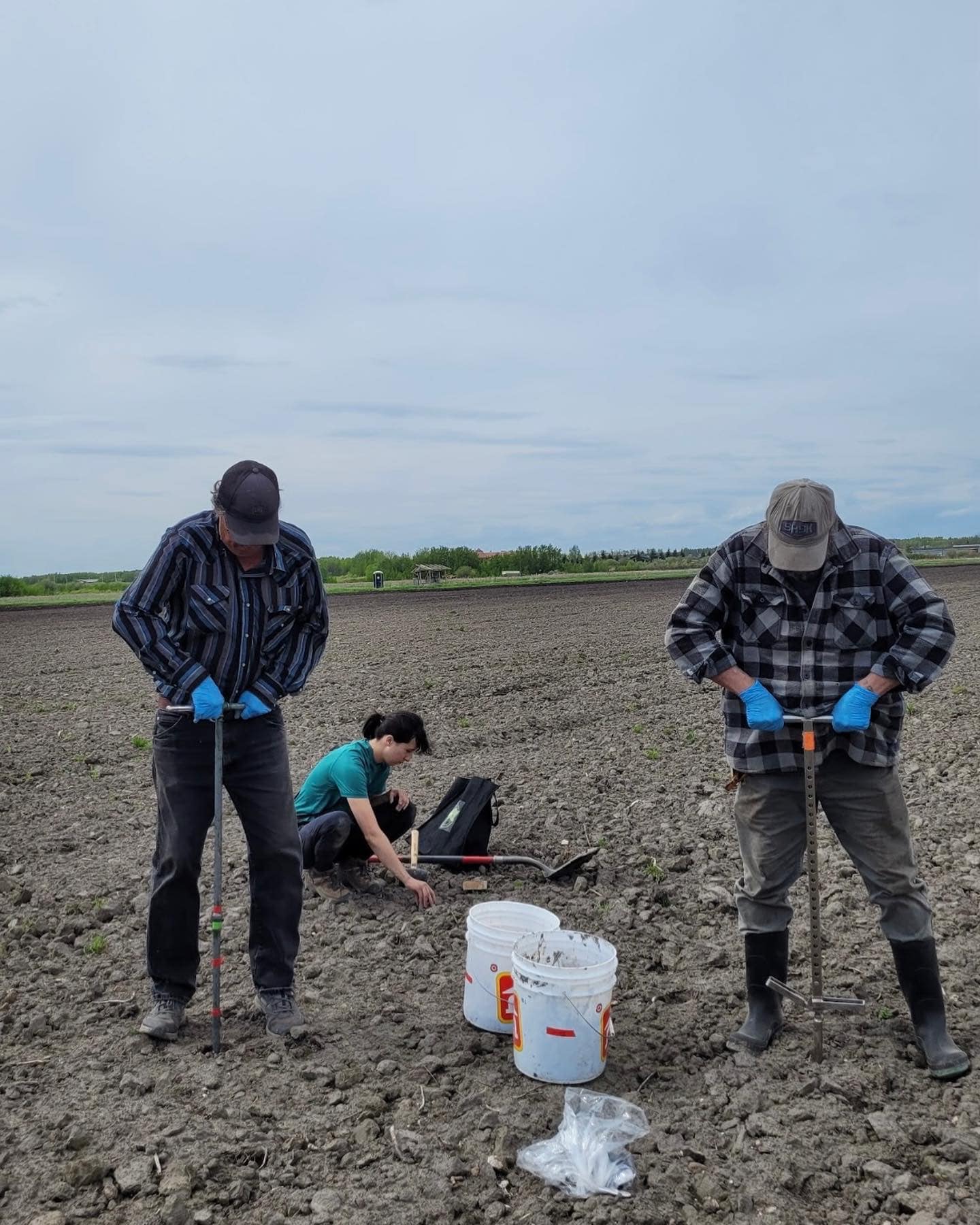 Three people soil sampling in a bare field